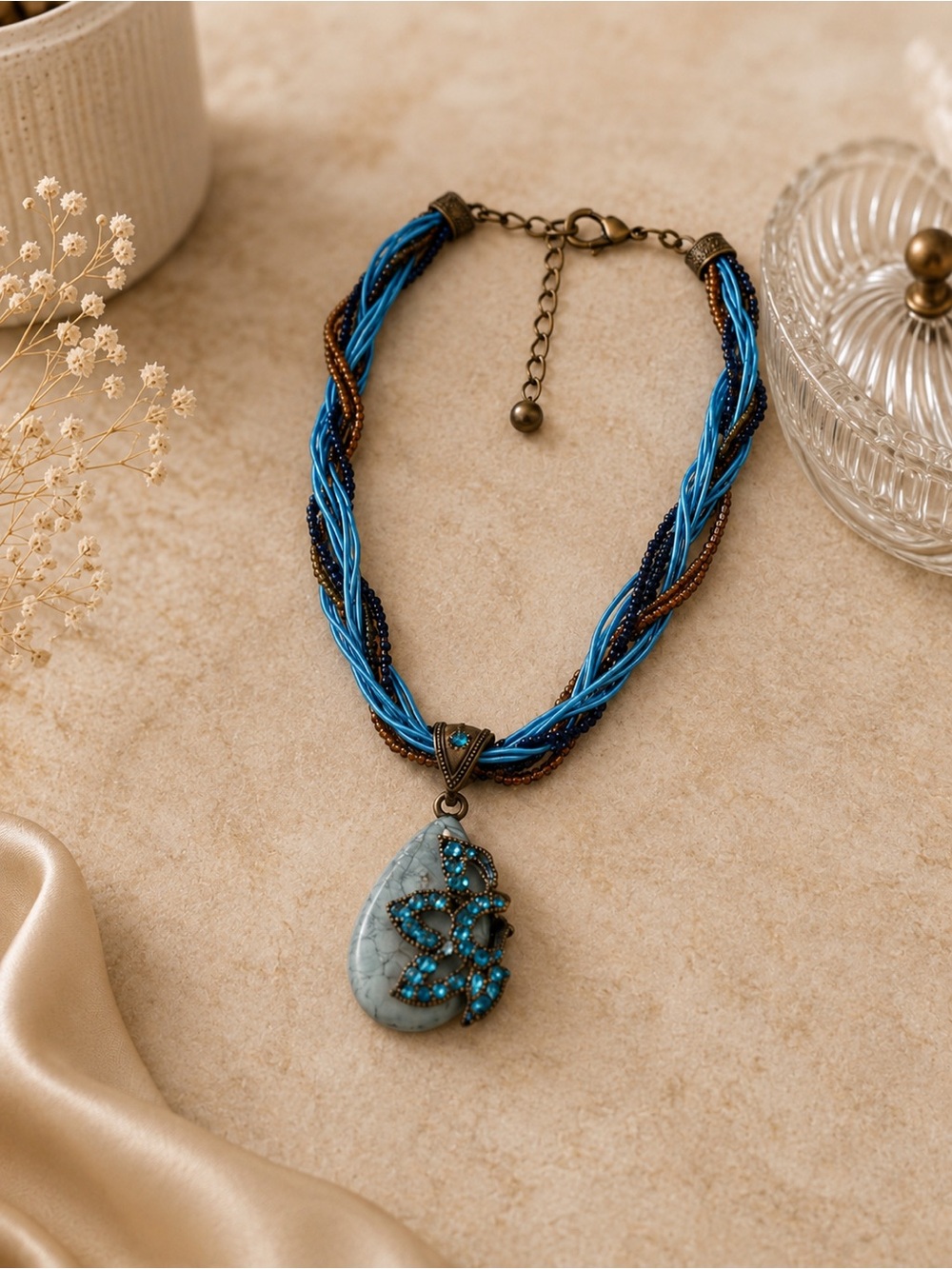 Ornate Teardrop Stone Statement Necklace | Blue Crystal Beaded Pendant